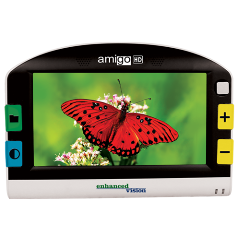 Rectangular handheld device with a rounded top, two colored control buttons on either side of a widescreen display with the image of a butterfly in the center.